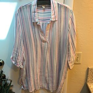 Tribal size L linen blend top white/navy/pink